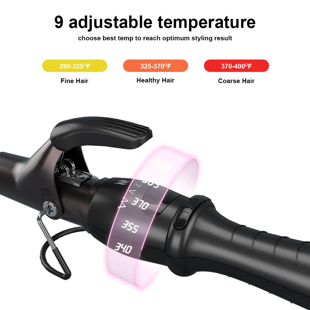 Hair Curling Wand, 1-1/2" Tapered Curling Iron, Ceramic Hair Curler with Adjustable Temperature Instant Heating Hair Curler, Auto Shut Off with 2 Clips