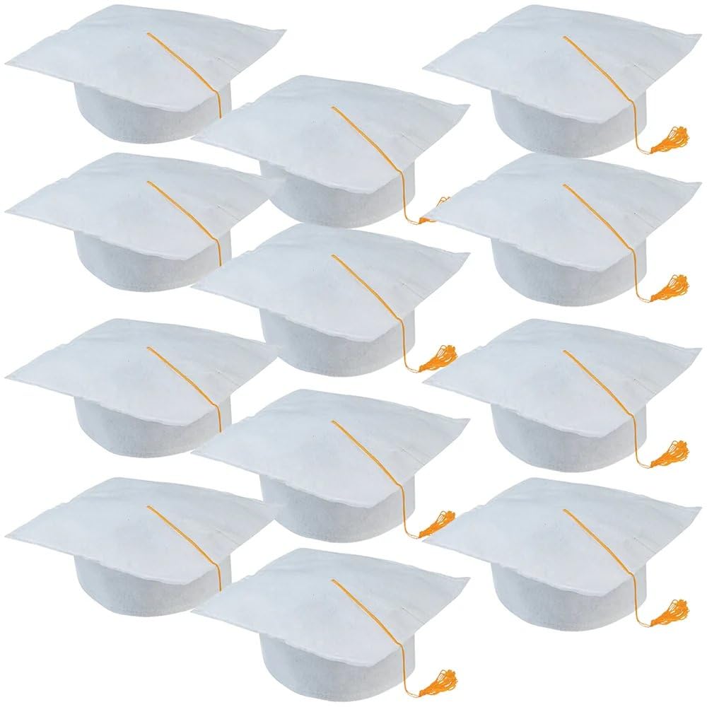 Fun Express White Graduation Cap DIY 12 Pack - Kindergarten Preschool Graduation Supplies for Kids | Customizable Blank Caps with Yellow Tassels for 2026 Ceremonies