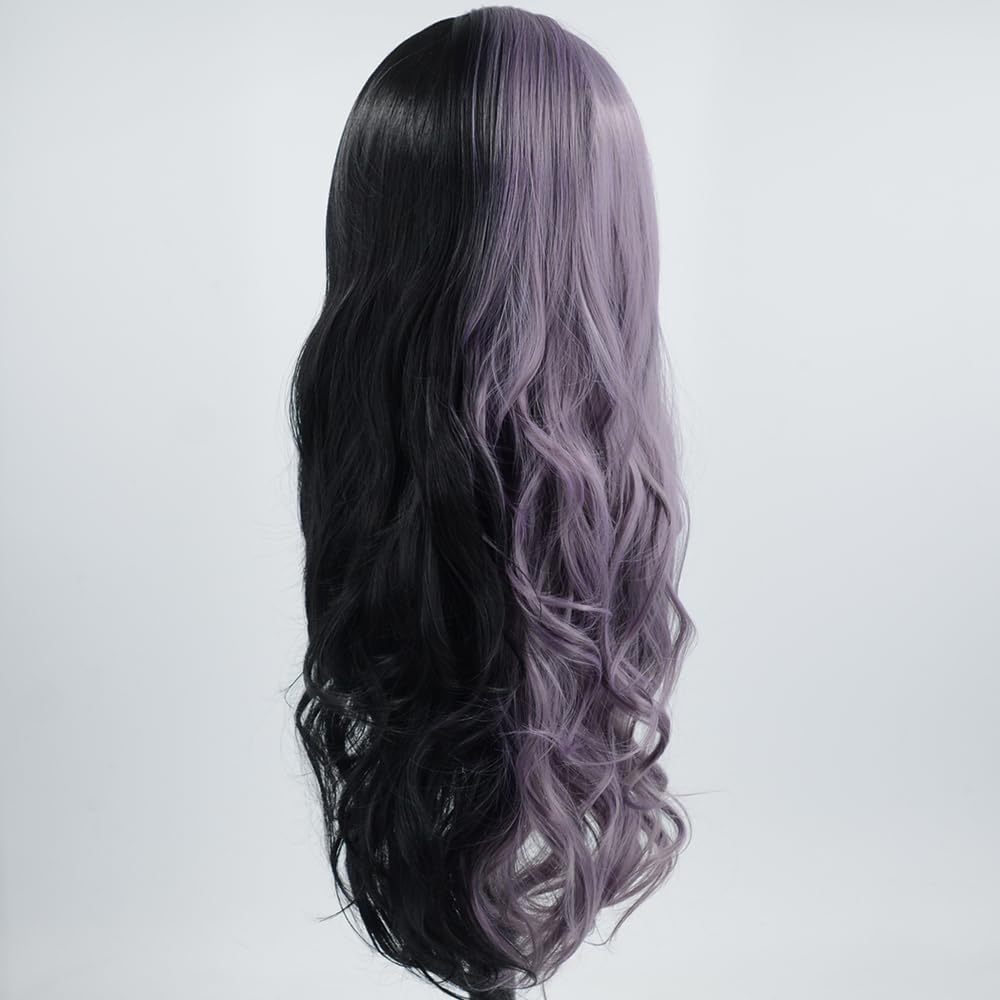 ZHYWIGS Synthetic Lace Front Wigs Long Highlight Purple Black Split Hair Heat Resistant Half Black Purple Side Part 24Inch Long Party Wigs