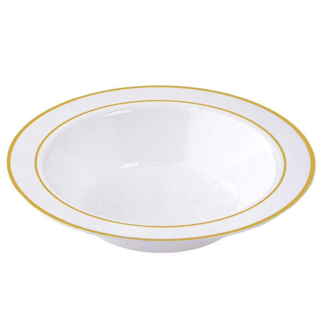 50 Disposable White Gold Trim Plastic Soup Bowls | 14 oz. Premium Heavy Duty Disposable Dinnerware with Real China Design | Safe & Reusable and Great for Parties or Weddings. (50-Pack) Gold