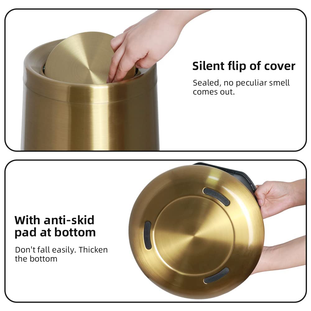 LEASYLIFE 10 L/3 Gallen,Gold Small Trash Can for Bathroom,Brushed Stainless Steel Garbage Can with Flipping Lid,for Bathroom,Living Room,Bedroom,Hotel,Conference Room(Gold)