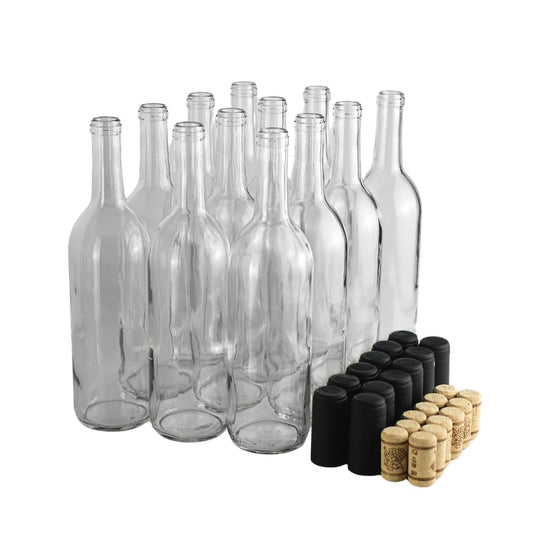 FastRack Clear Wine Bottles 750 ml (Pack of 12) w/No.8 Natural Corks & Matte Black Shrink Sleeves | W5 Bordeaux Empty Liquor Bottles | Flint Flat-Bottomed Cork Top Clear Glass Bottle for Wine Making