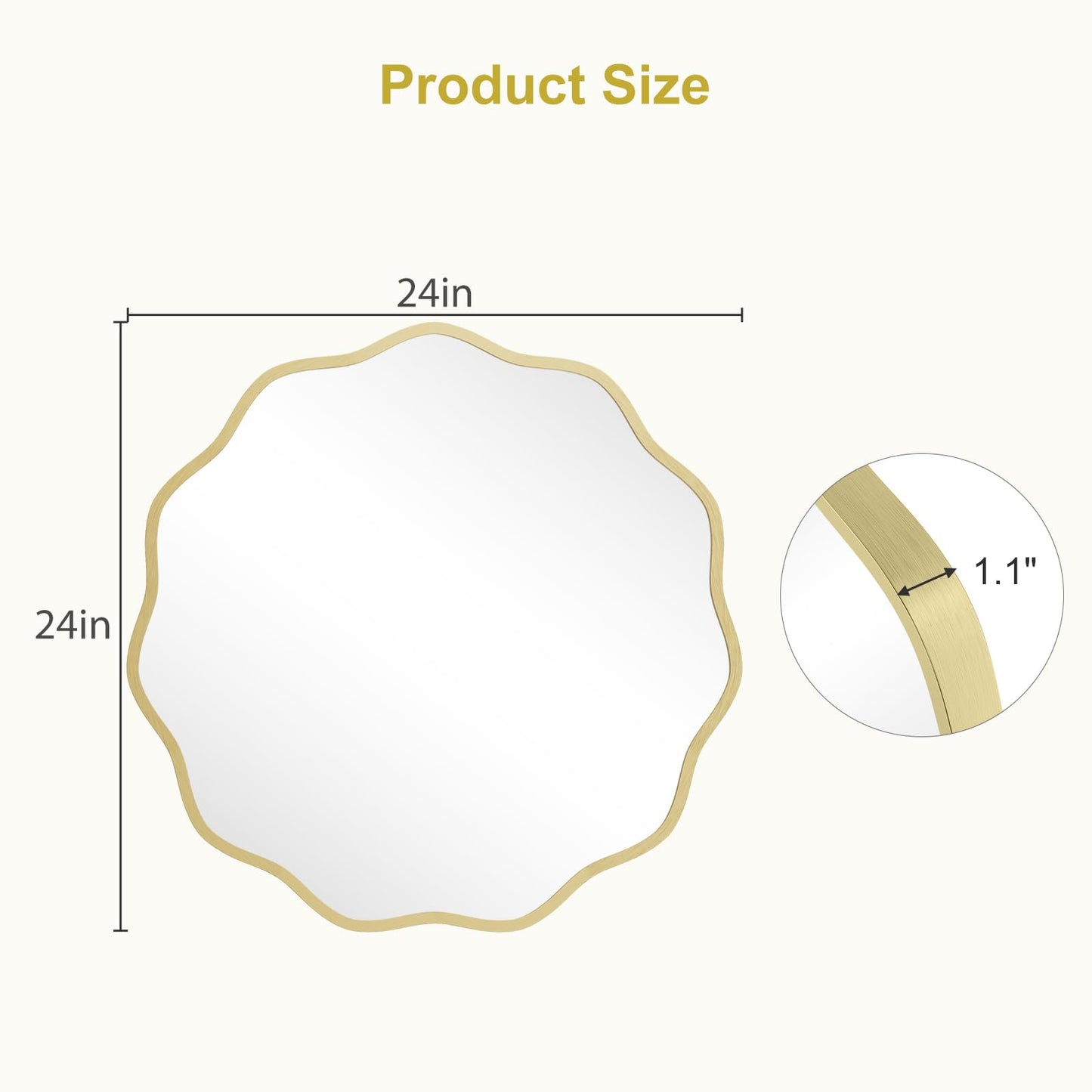 WallBeyond Round Wavy Mirror for Wall Decorative 24 inch, Modern Round Mirror Aluminum Frame for Bathroom Bedroom Living Room Home House Office Entryway, Gold