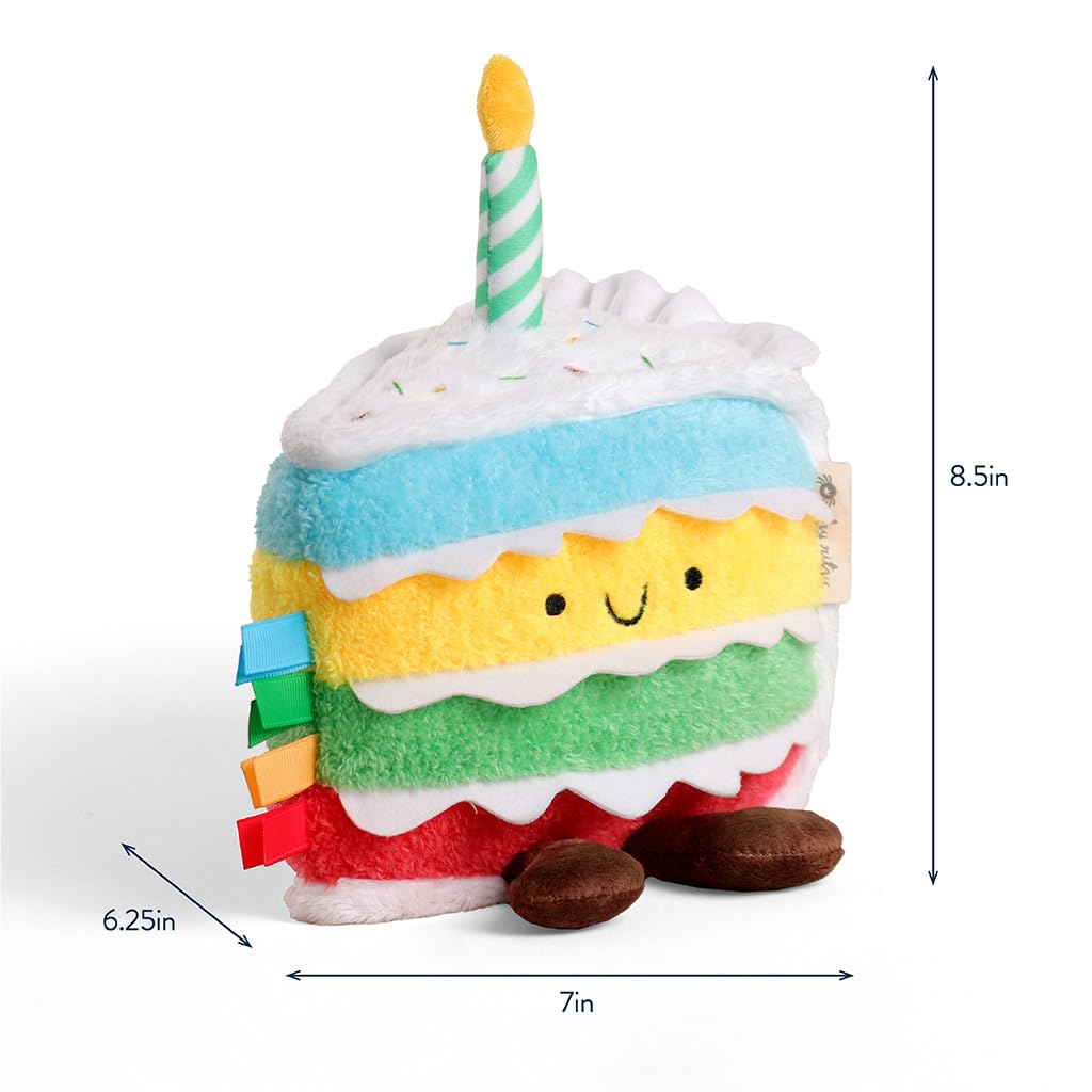 Itzy Ritzy Snuggles Plush Toy – Soft Stuffed Animal for Babies, Kids & Adults – Sensory Ribbons & Textured Fabrics for Tactile Play – Cozy & Cuddly Companion for Newborns & Up (Birthday Cake)