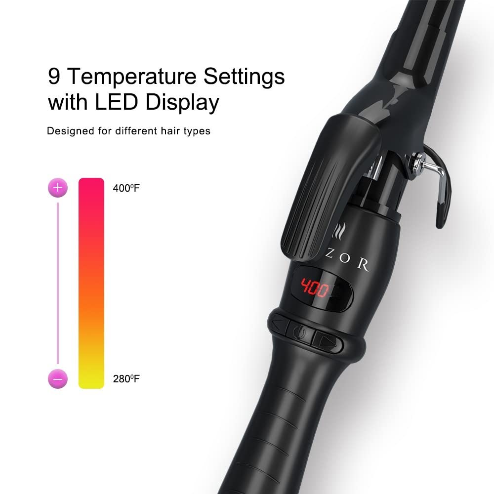 Professional Curling Iron Tapered Curling Wand 1-1/2" Ceramic Hair Curler, Fast Heat-up Multiple Temp Settings Curling Wand with LED Display Auto Shut Off and 2 Hair Clips
