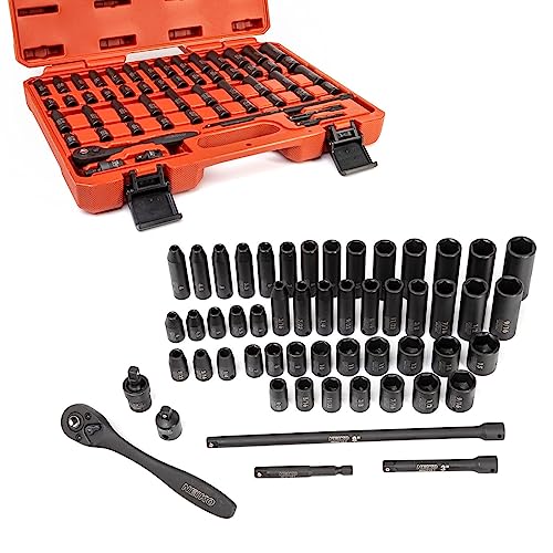 NEIKO 02437A 1/4 Drive Impact Socket Set 54 Piece Metric & Standard, Deep & Shallow Chrome Vanadium Steel 3/8” to 1/4” Reducer Hex Shank Adapter, Metric and Standard, Deep Socket Set