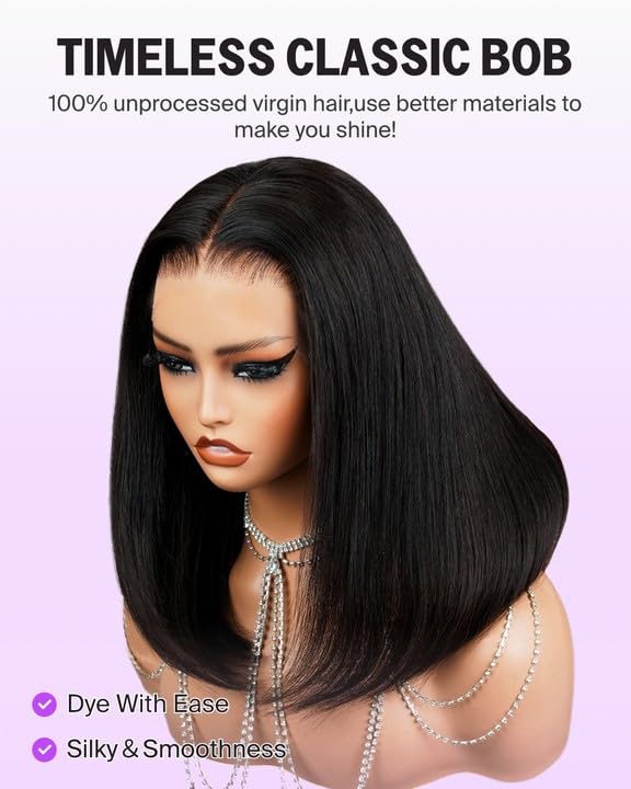 Megalook hair Short Bob Wig Human Hair 13x4 HD Lace Front Wig Human Hair Pre Plucked with Baby Hair 210% Density Natural Black Straight Bob Wigs Human Hair for Black Women 10 Inch