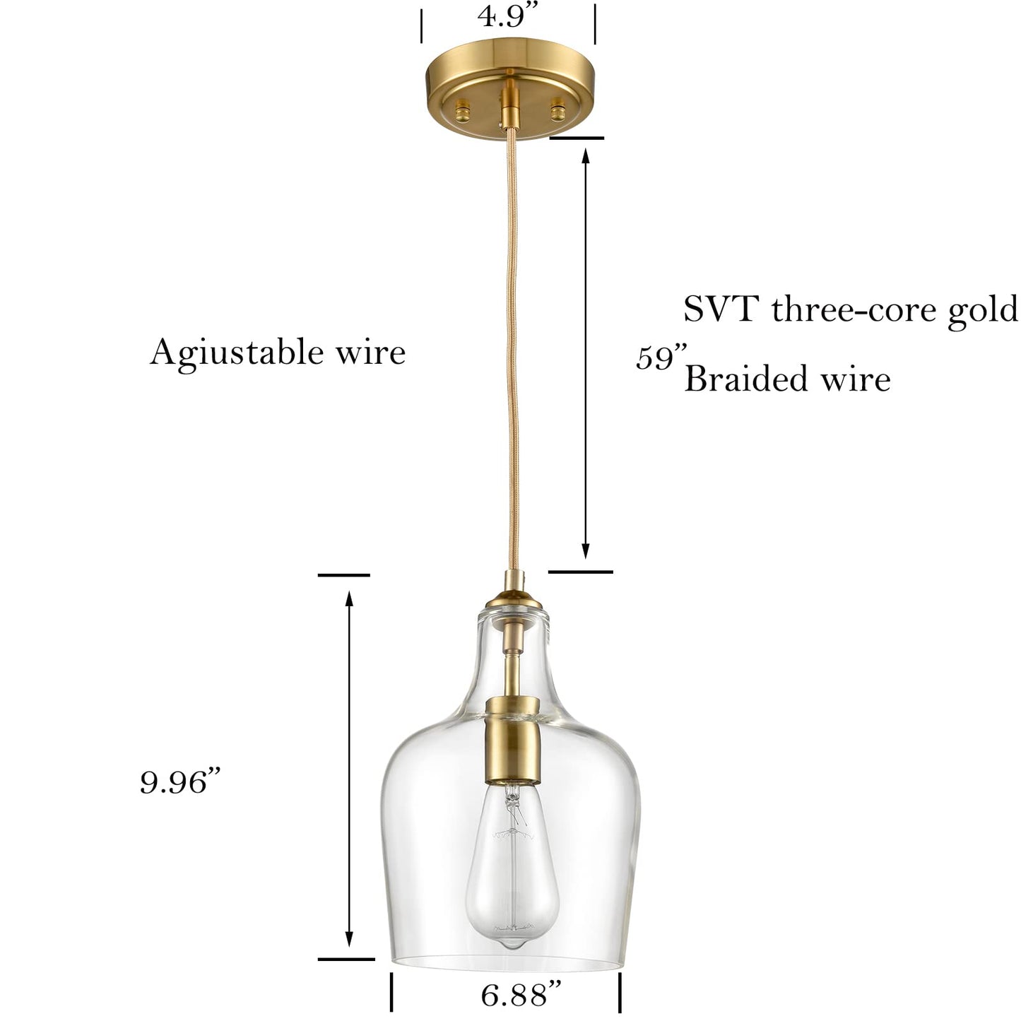 HYDELITE Modern Brushed Gold Pendant Light Fixtures Clear Glass Adjustable Cord Hanging Light for Living Room Kitchen Island Chandelier with Bell Shape
