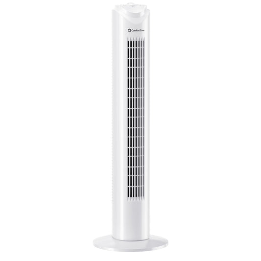 Comfort Zone 32-Inch Oscillating Tower Fan – Ultra-Slim Bladeless Design with 3 Speeds, 90° Wide Oscillation & Built-in Carry Handle – Quiet Portable Standing Fan for Bedroom, Home, or Office, White