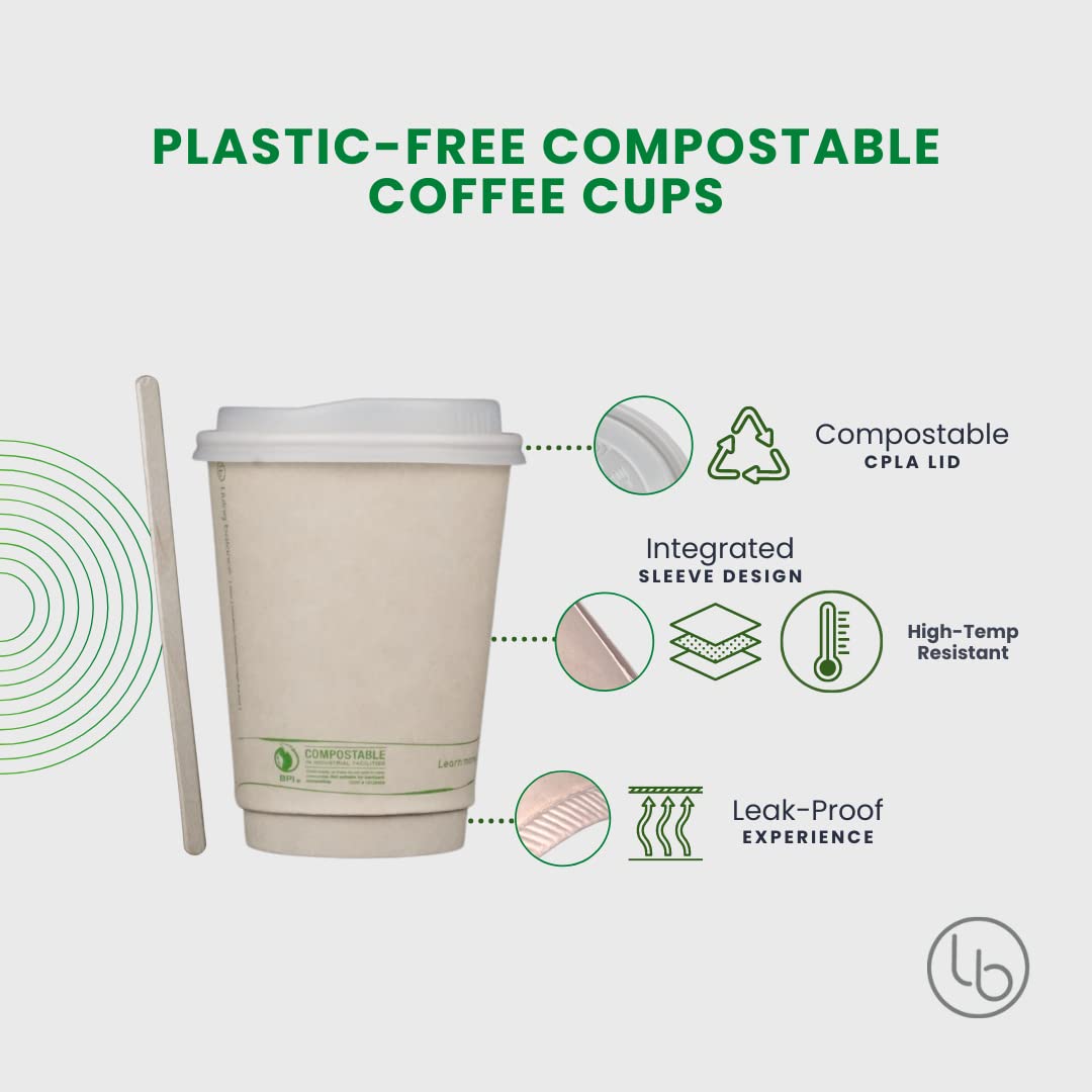 Certified Compostable Coffee Cups by Living Balance | 12oz - 100 cups with Compostable Lids, Stirrers, and Integrated Sleeves
