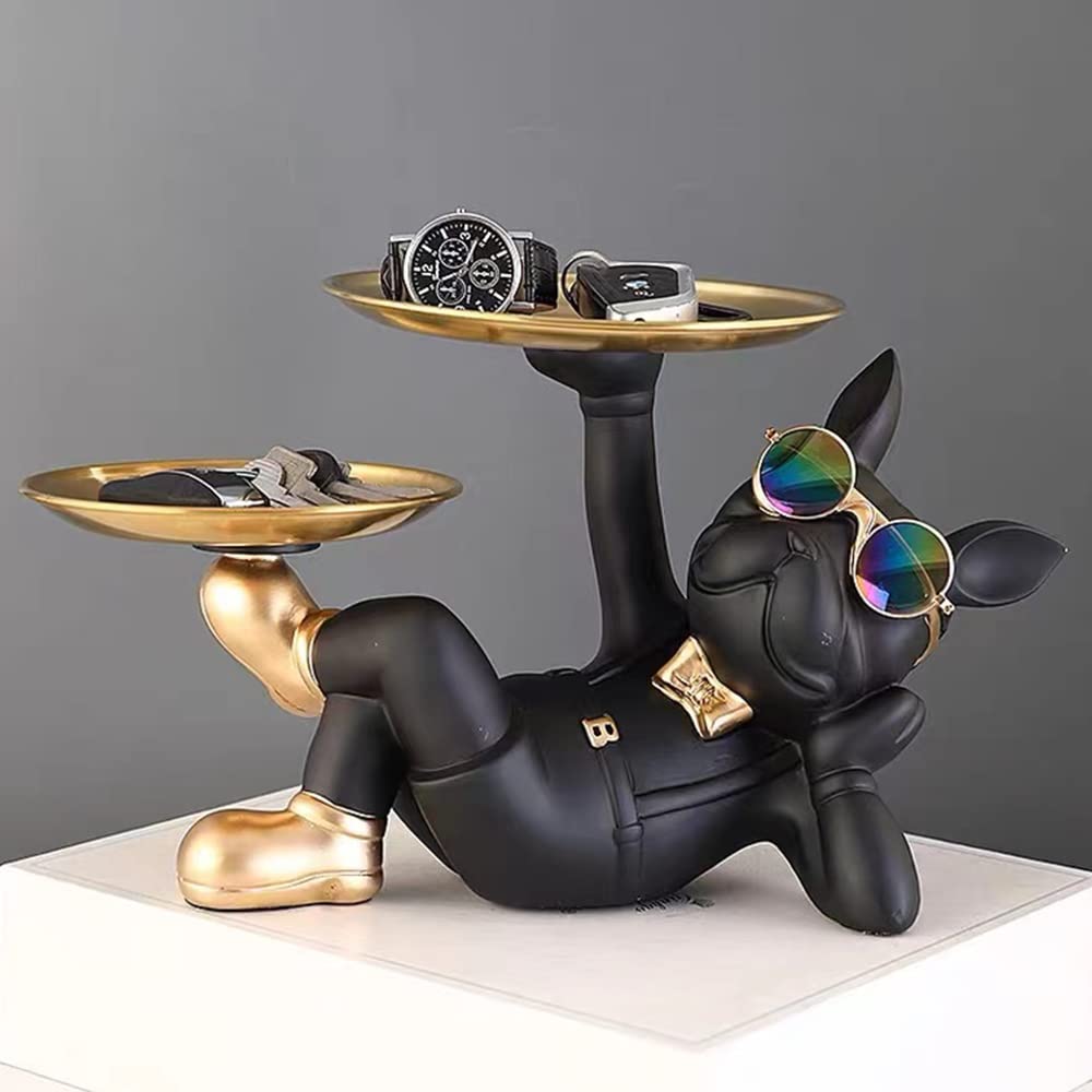 BAOJULONG Cool Resin Dog Statue with 2 Trays and Cute Glasses Black French Bulldog Figurine Ornaments Animal Sculptures Home Decor Anniversary Thanksgiving Christmas Birthday Gifts