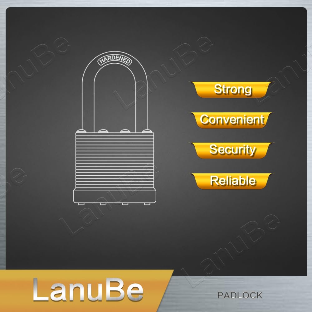 LanuBe Lock Laminated Steel Keyed Padlock,Keyed Alike Locks, Long Shackle Padlock,Pack of 12