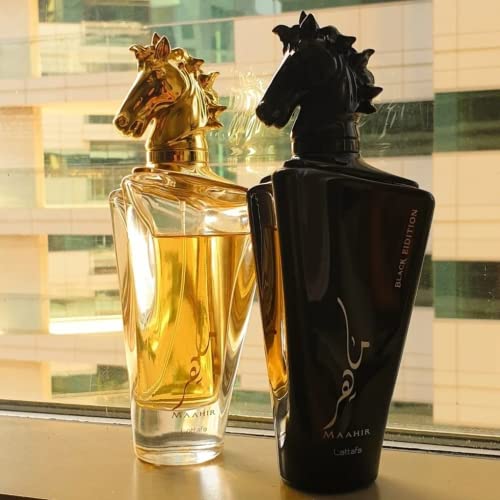 Lattafa Maahir 2-Piece Set for Unisex, (3.4 Oz Maahir Eau De Parfum Spray + 3.4 Oz Maahir Black Edition Eau De Parfum Spray)