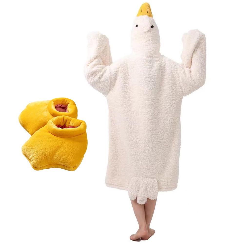 Goose Blanket Hoodie Onesie Adult & Kid,Oversized Warm Duck Wearable Hoodie Blanket with Sleeves,Cozy Sleeping Bag (white, M)