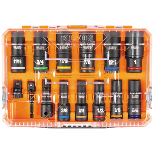 Klein Tools 65111IMPCT KNECT Deep-Well Impact Socket Set, 1/2-Inch Drive, SAE, Color Coded, MODbox Case, Impact Adapter and Extension, 14-Piece