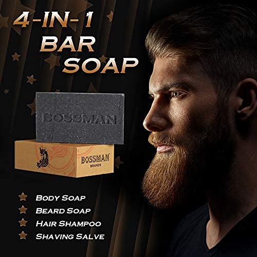Bossman 6 Pack Men’s Bar Soap 4-in-1 – All Natural Organic Beard Wash, Shampoo, Body Wash, Shaving and Bath Soap - Essential Beard Care, Scent – Lavender and Patchouli