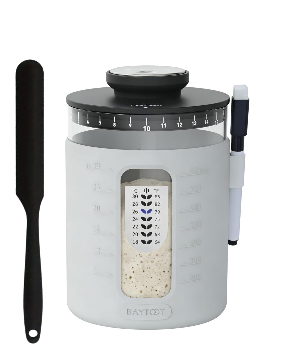Wide Mouth Sourdough Jar Starter Kit 33 oz - UPGRADED 2026 DESIGN with Reinforced Thick Glass Base - Ideal Sourdough Jar for Fermentation, Airflow Lid, Feeding Marker & Spatula Included (Grey)
