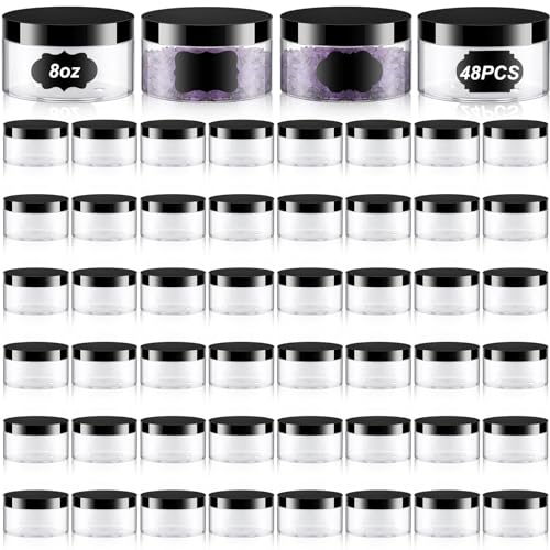 Uiifan 48 Pcs 8 oz Plastic Cosmetic Jars with Lids and Labels Empty Refillable Cosmetic Leak Proof Containers Lotion Jars for Cream Body Butters Powder Ointment Lip Scrub (Clear with Black Lids)