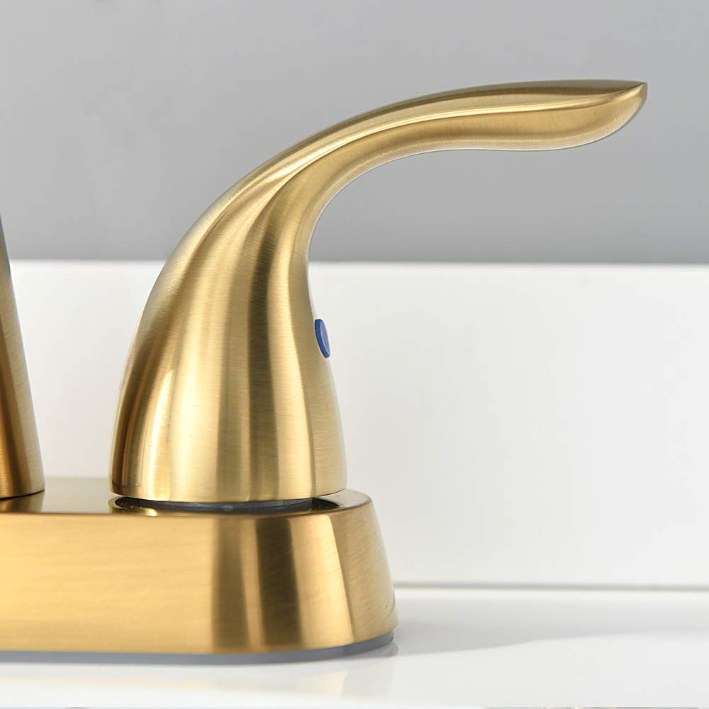 Phiestina Brushed Gold 4 Inch Centerset 2 or 3 Holes 2 Handle Bathroom Faucet, Bathroom Faucet with Copper Pop Up Drain and Water Supply Lines, BF008-5-BG