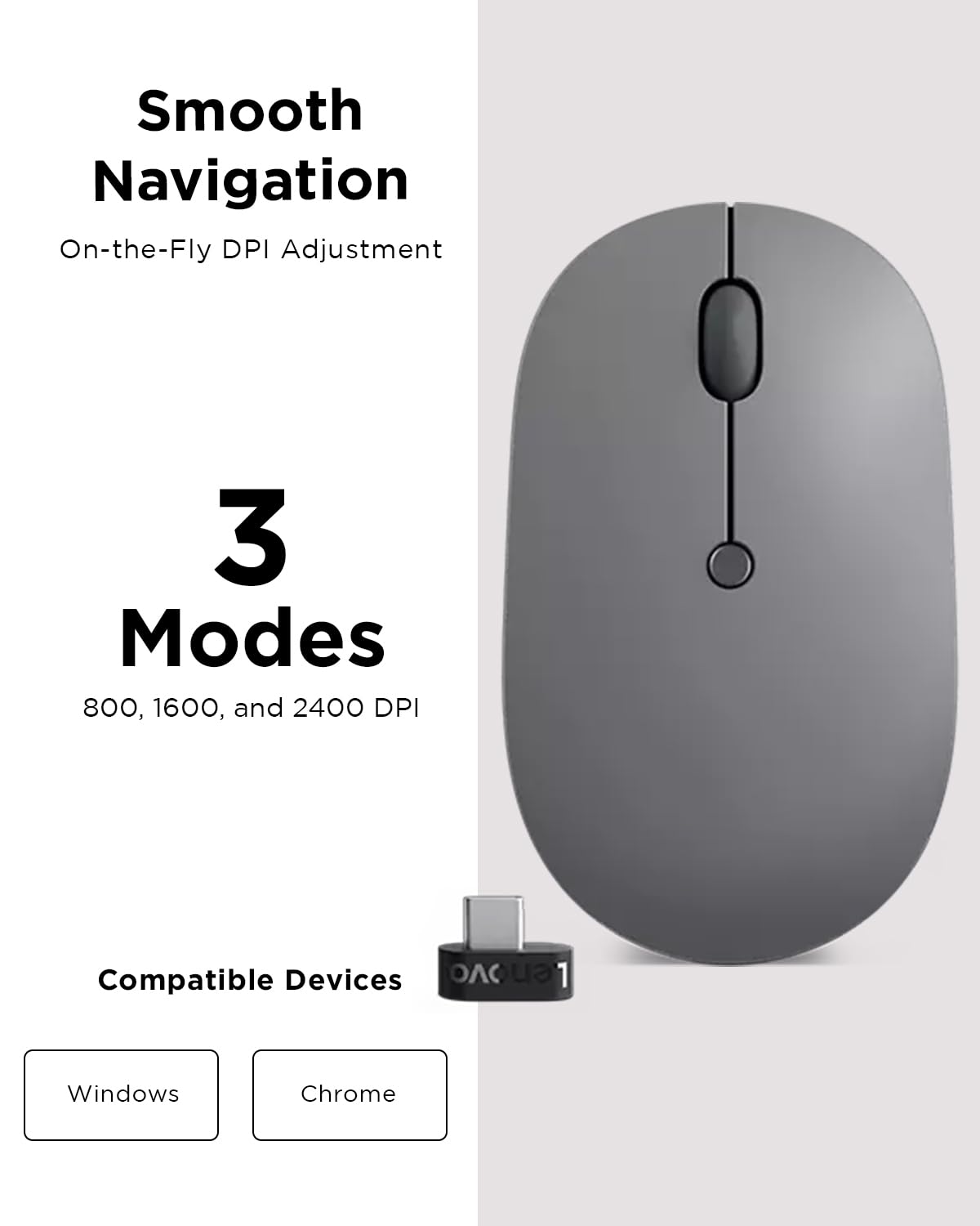 Lenovo Go USB-C Essential Wireless Mouse, 2.4 GHz Nano USB-C Receiver, Adjustable DPI, Rechargeable Battery, Ambidextrous, GY51C21210, Grey