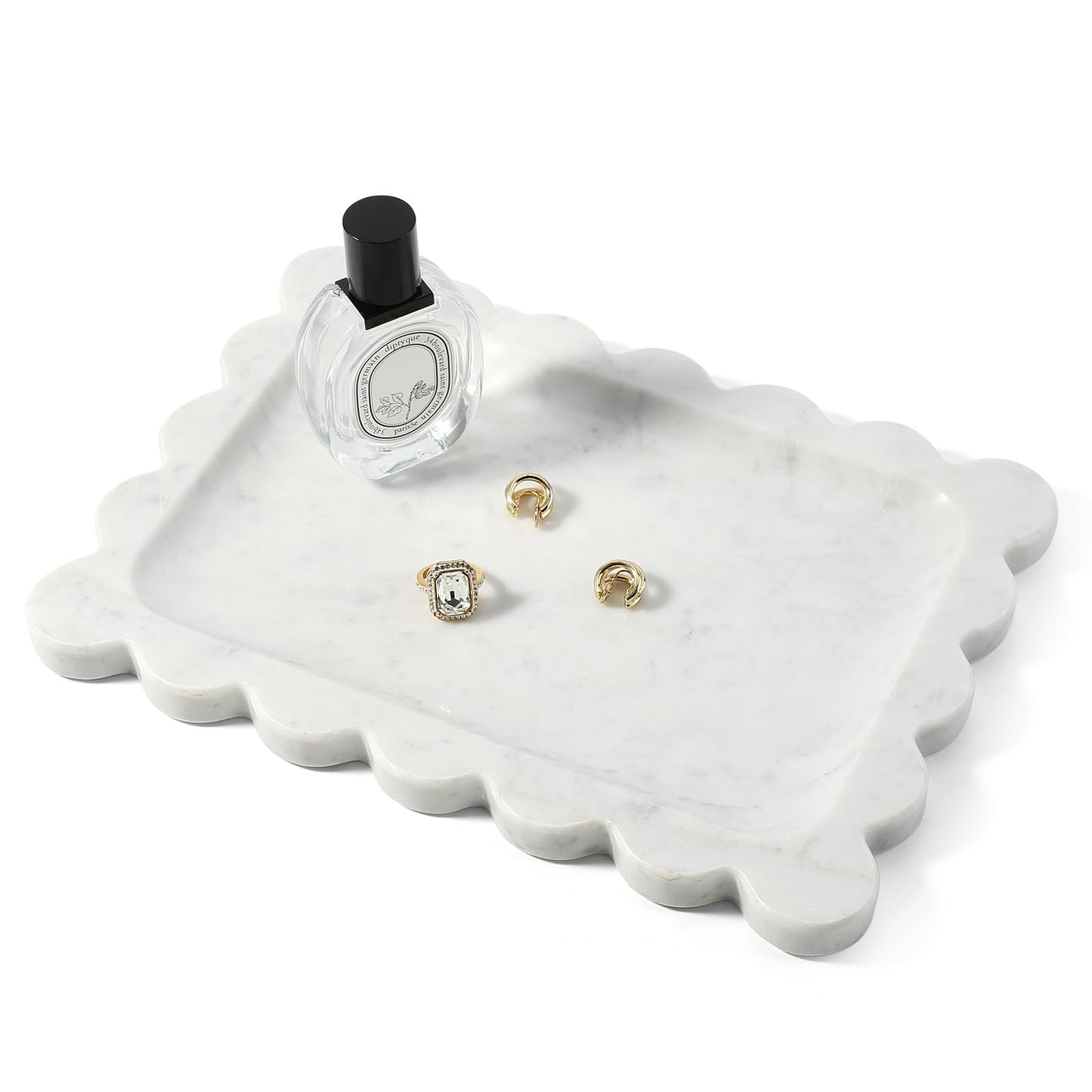 Koville Scalloped Marble Tray, 11"x8" Marble Vanity Tray for Countertop Bathroom Kitchen Dresser, Natural Stone Tray for Jewelry Perfume Home Decor, Decorative Catchall Trays(Bianco Carrara)
