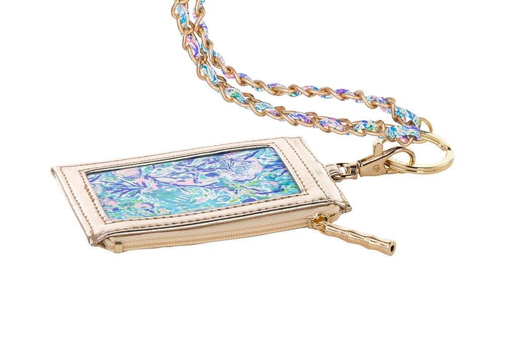 Lilly Pulitzer Lanyard with ID Holder, Keychain Wallet for School or Office, Gold Zipper Wallet, Badge Holder with Clear Window and Card Slots, Soleil It On Me