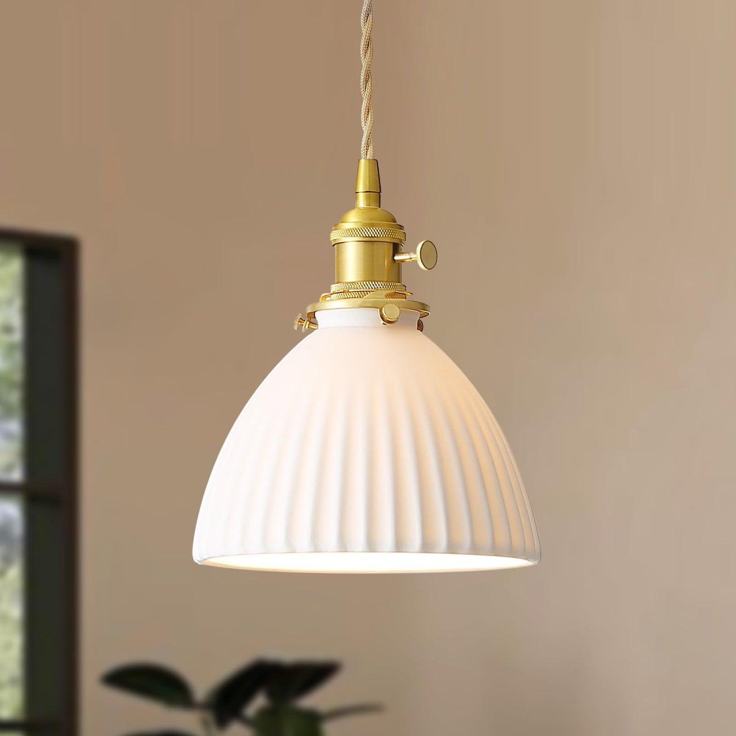 GloMuse White Ceramic Pendant Lights Kitchen Island Brushed Brass Dome-Shaped Lampshade Modern Minimalist Industrial Hanging Light Fixture for Living Room Bedroom Dining Room Over Table