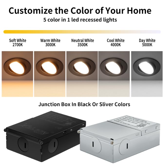 KnLnny Ware Eyeball Recessed Lighting 4 Pack, Ajustable Gimbal Recessed Ceiling Light with Junction Box,5 CCT(2700K-6500K) Selectable,9W 750LM,Dimmable,Airtight, ETL Listed