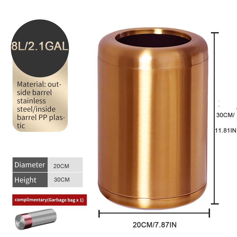 LEASYLIFE 8L/2.1gal Brushed Nickel Gold Trash Can, Rose Gold, Brass for Bathroom, Powder Room, Bedroom, Office