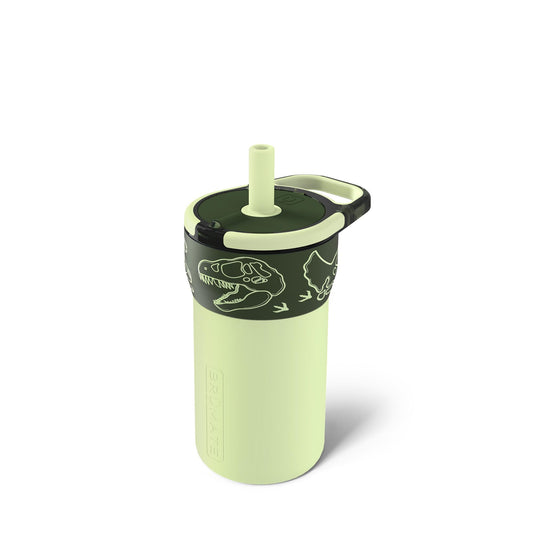 BrüMate Leap 12oz 100% Leakproof Kids Tumbler with Handle and Silicone Soft Straw | Drop Resistant Silicone Sleeve | For Kids 4+ | Insulated Stainless Steel | Cup Holder Friendly | 12oz (Dinos)