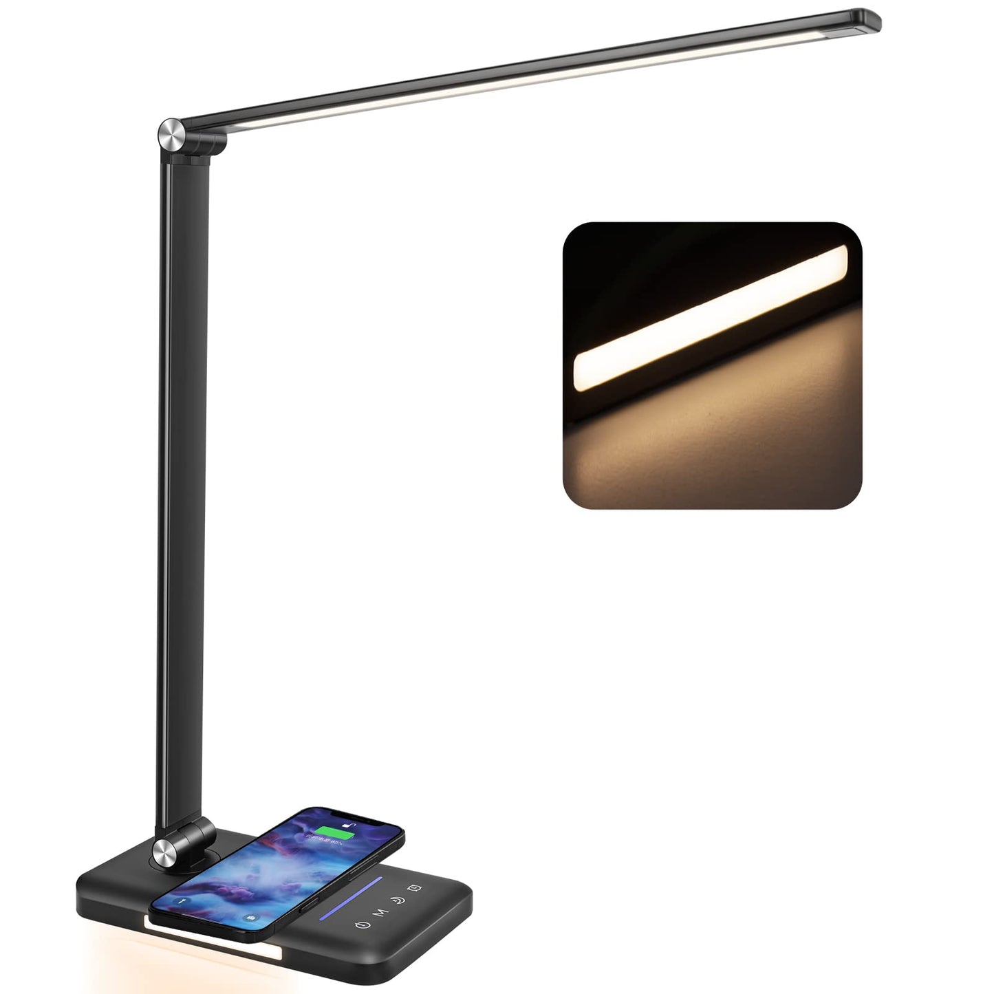 JOSTIC LED Desk Lamp with Night Light, Fast Wireless Charger, USB Charging Port, 10 Brightness, 5 Color Modes, Dimmable Bedside Table Lamp for Bedroom, Touch Control, Auto Timer, 1200Lux Super Bright