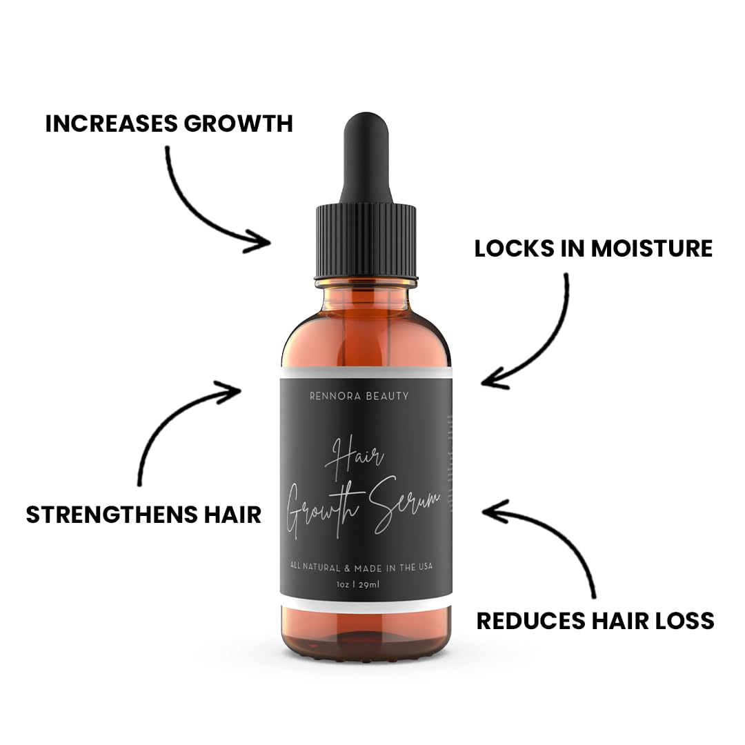 Rennora Hair Growth Serum with Organic Herbs and Natural Vitamins, Peppermint Oil, Stinging Nettle, and Rosemary Oil, No Chemicals, Formulated for Hair Regrowth (1oz per bottle, 4 Pack)