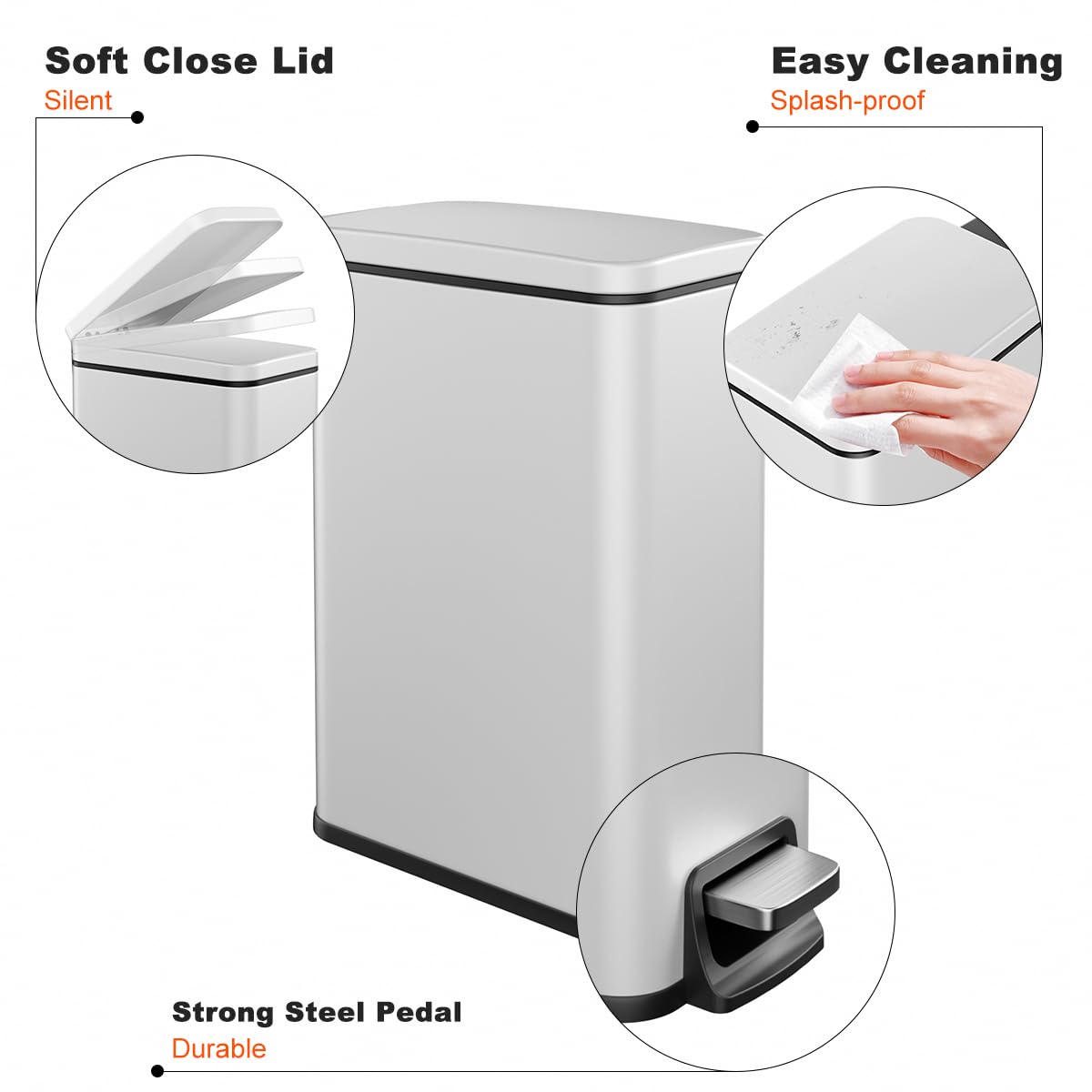 Veelesa Slim Bathroom Trash Can with Lid Soft Close, 1.6 Gallon Stainless Steel Garbage Can with Removable Inner Bucket, Durable Step Pedal, Small Trash Bins for Toilet, Bedroom, Kitchen, Office