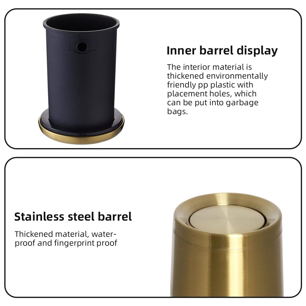 LEASYLIFE 10 L/3 Gallen,Gold Small Trash Can for Bathroom,Brushed Stainless Steel Garbage Can with Flipping Lid,for Bathroom,Living Room,Bedroom,Hotel,Conference Room(Gold)