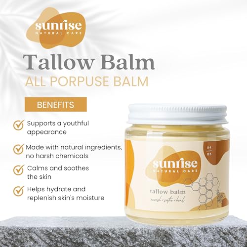 Sunrise Natural Care Honey and Tallow Balm - Body and Face Moisturizer - 100% Grass Fed Beef Tallow - 4 Ounces - Unscented (no essential oils)