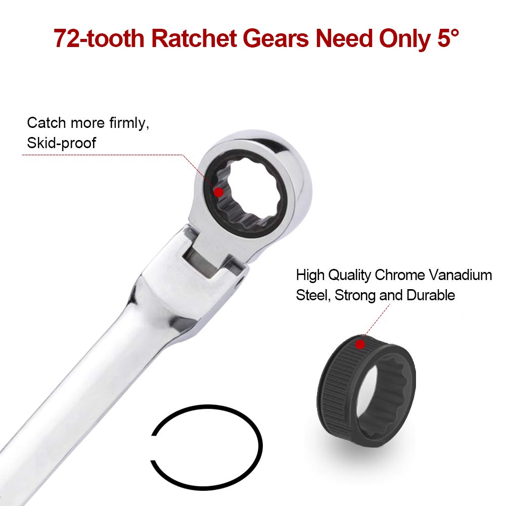 BULLTOOLS 6-Piece Flex-Head Extra Long Ratcheting Wrenches Double Box End Chrome Vanadium Steel 72-Tooth Wrench Set with Metric 8mm - 19mm