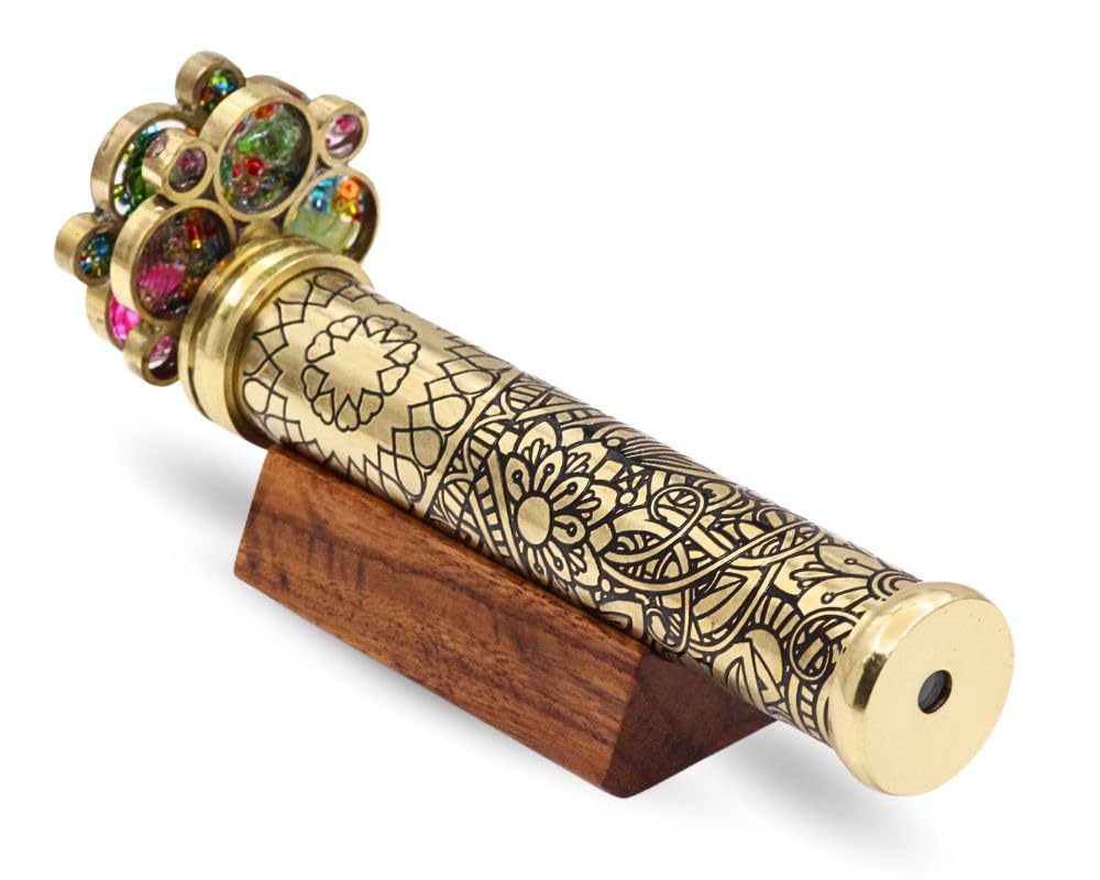 RII Handcrafted Etched Floral Pattern Lacquered Brass Kaleidoscope Includes Two Separate Turning Wheels-A Unique Gift to My Son, Grandson, Daughter. (6.5"x1")
