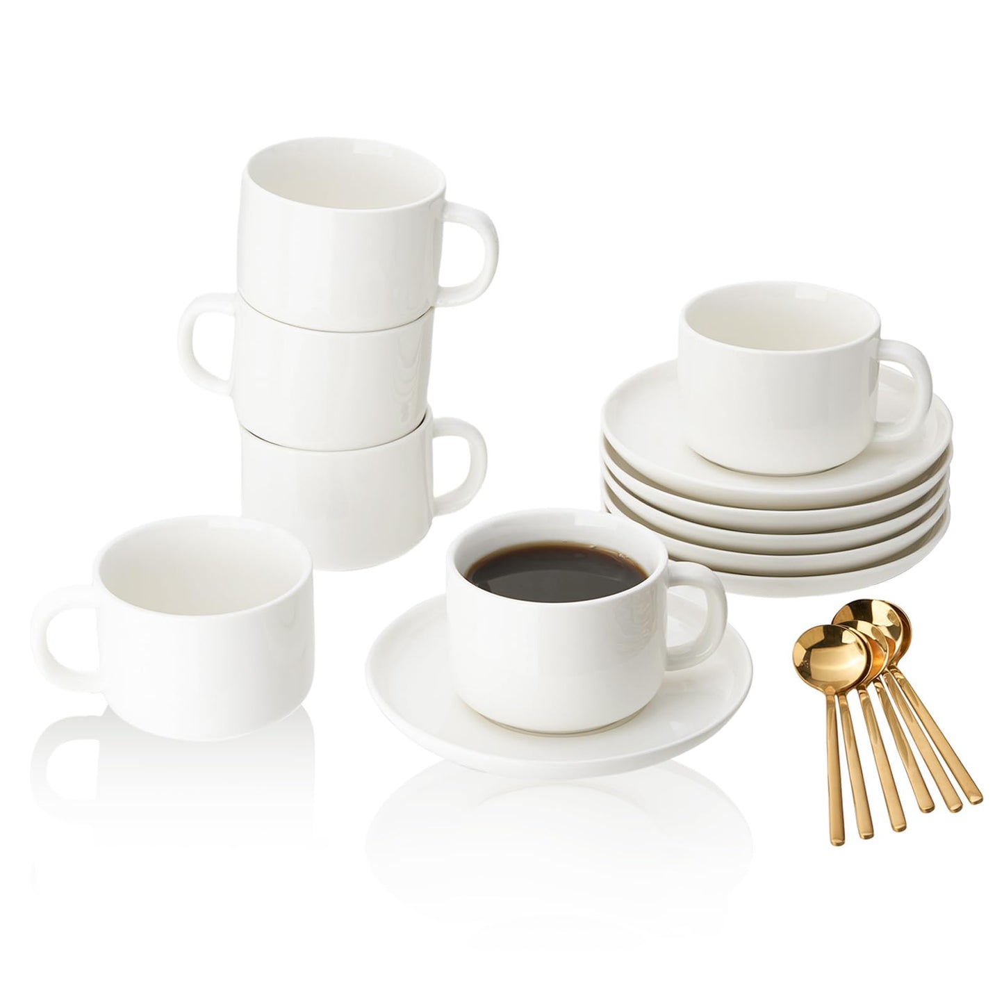 CHILDIKE 7 oz Coffee Cups with Saucers Spoons - Set of 6 Cappuccino Cups, White Porcelain Cups Serving for Tea Espresso Latte Mocha