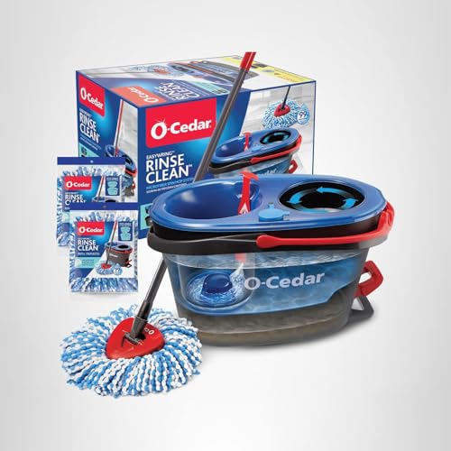 O-Cedar RinseClean Spin Mop & Bucket System + 2 Extra Mop Heads| Clean with Water | Removes 99% of Bacteria Plastic