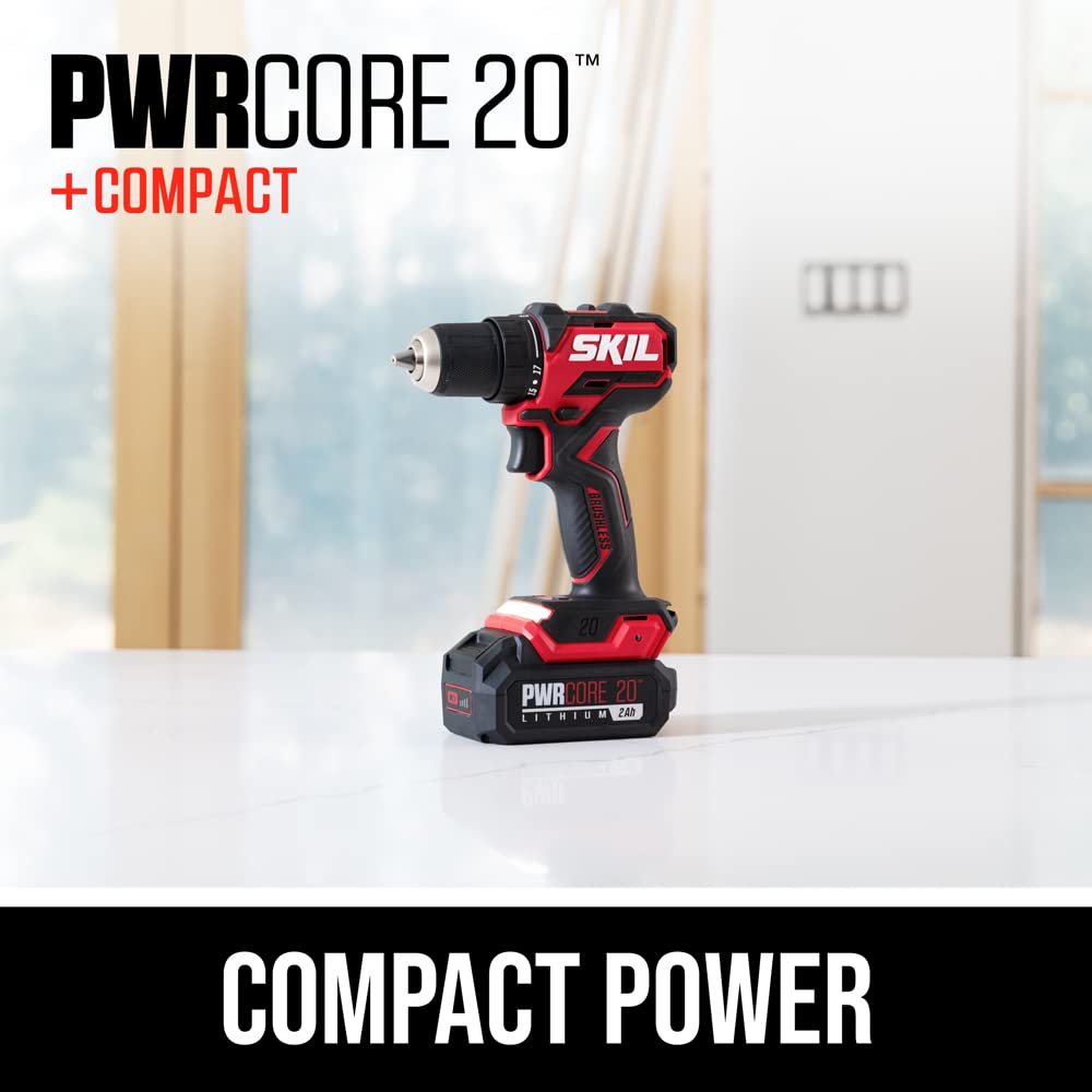 Skil PWR CORE 20 Brushless 20V 1/2" Compact Variable-Speed Drill Driver Kit with 1/2'' Single-Sleeve, Keyless Ratcheting Chuck & LED Worklight Including 2.0Ah Battery and PWR Jump Charger-DL6293B-10