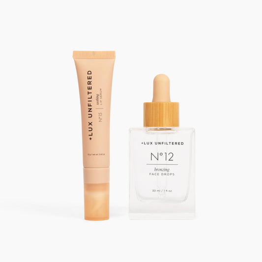 + Lux Unfiltered The Face Set with N°12 Bronzing Self Tanning Face Drops and N°15 Soothing Lip Serum with Cooling Applicator