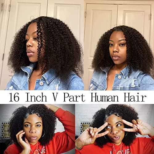 Kiqibeauty V Part Wig Human Hair For Black Women Upgrade U Part Wig Human Hair Kinky Curly Wig 100% Virgin Hair Glueless Wear and Go Wig Minimal Leave Out 200% Density (Kinky Curly, 16 Inch)