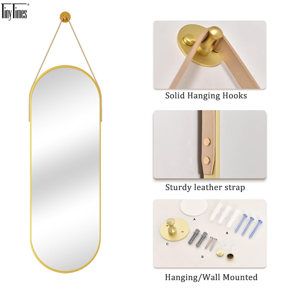 TinyTimes 48"x16" Hanging Mirror with Leather Strap,Oval Full Length Mirror with Aluminum Frame Wall-Mounted Hanging Mirrors for Bathroom Vanity Living Room Bedroom Entryway Decor, Gold