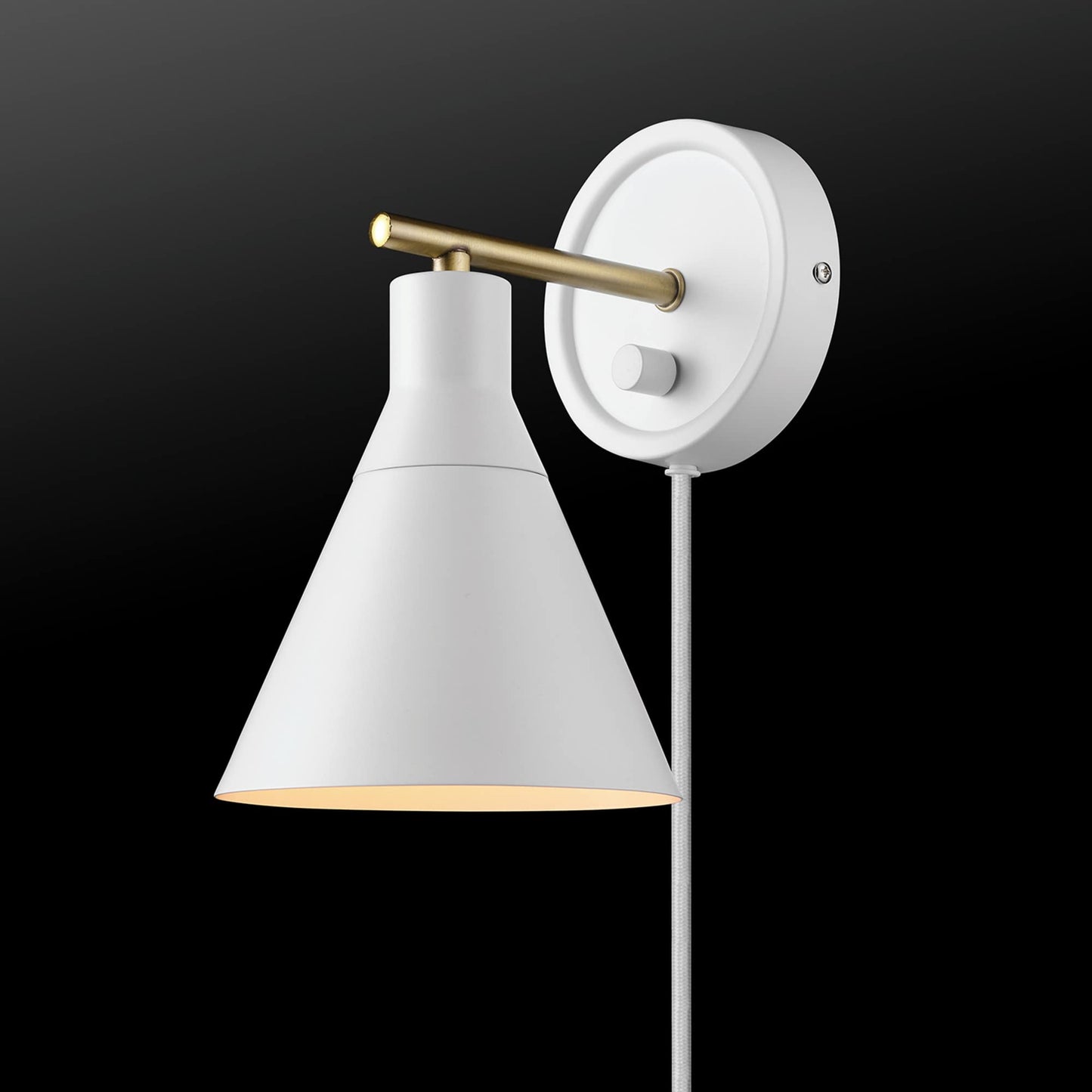 Globe Electric 65542 1-Light Plug-in or Hardwire Wall Sconce, Matte White, Brass Accent, Stepless Dimming Rotary Switch, Fabric Cord, Modern Lighting for Apartment or Renters, Home Decor