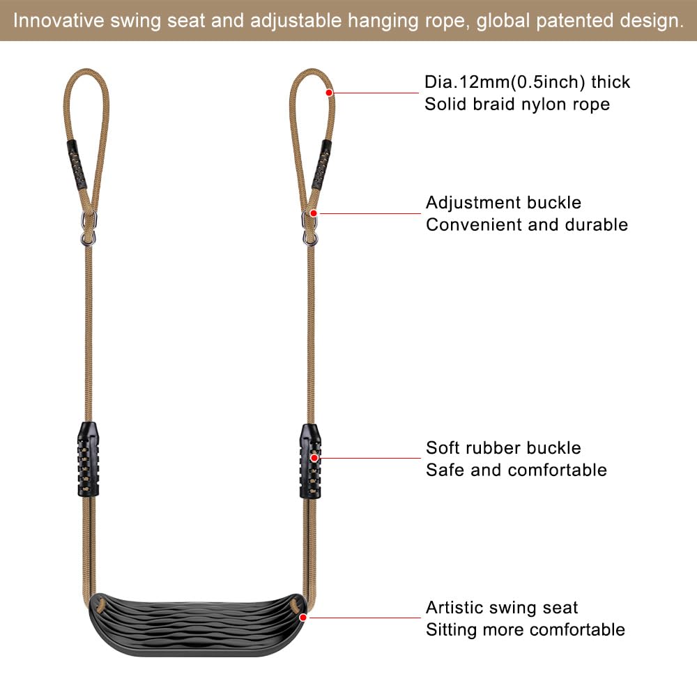 SELEWARE Plastic Swing Seat, Non Slip Tree Swing Set with Adjustable Rope and 4 Carabiners, Heavy Duty Playground Swing Set Accessories for Kid Indoor Outdoor Backyard, Black, 2 Pack