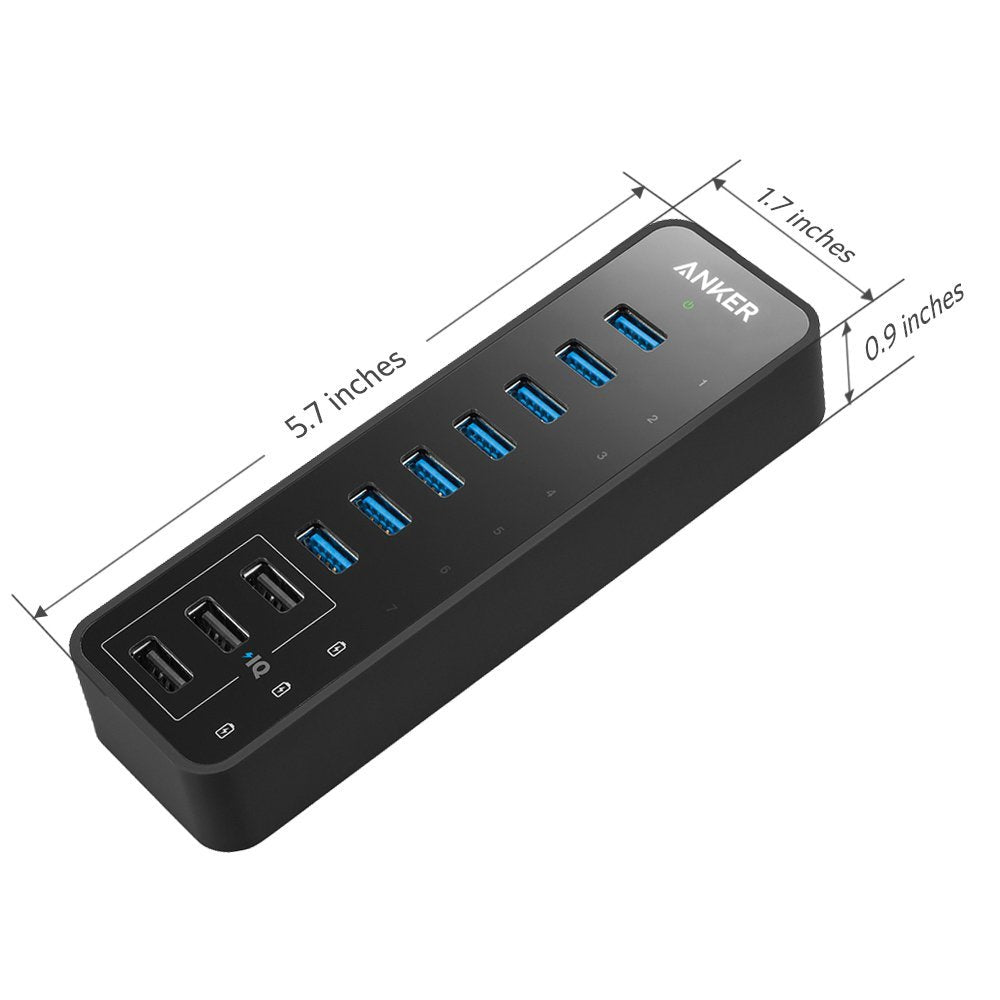 Anker USB Hub, USB 3.0 Hub, 10 Port 60W Data Hub, with 7 USB 3.0 Ports, 3 PowerIQ Charging Ports, Compatible with MacBook, iMac, Dell XPS, Surface Pro, iPhone, iPad Air, Galaxy Series, Mobile HDD