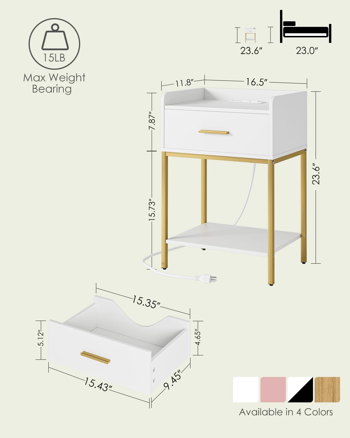 AEPOALUA Nightstand with Charging Station, Modern Bedside Table with Drawer and Legs,White and Gold Night Stand with Open Shelf, Narrow Side Table for Bedroom, Living Room
