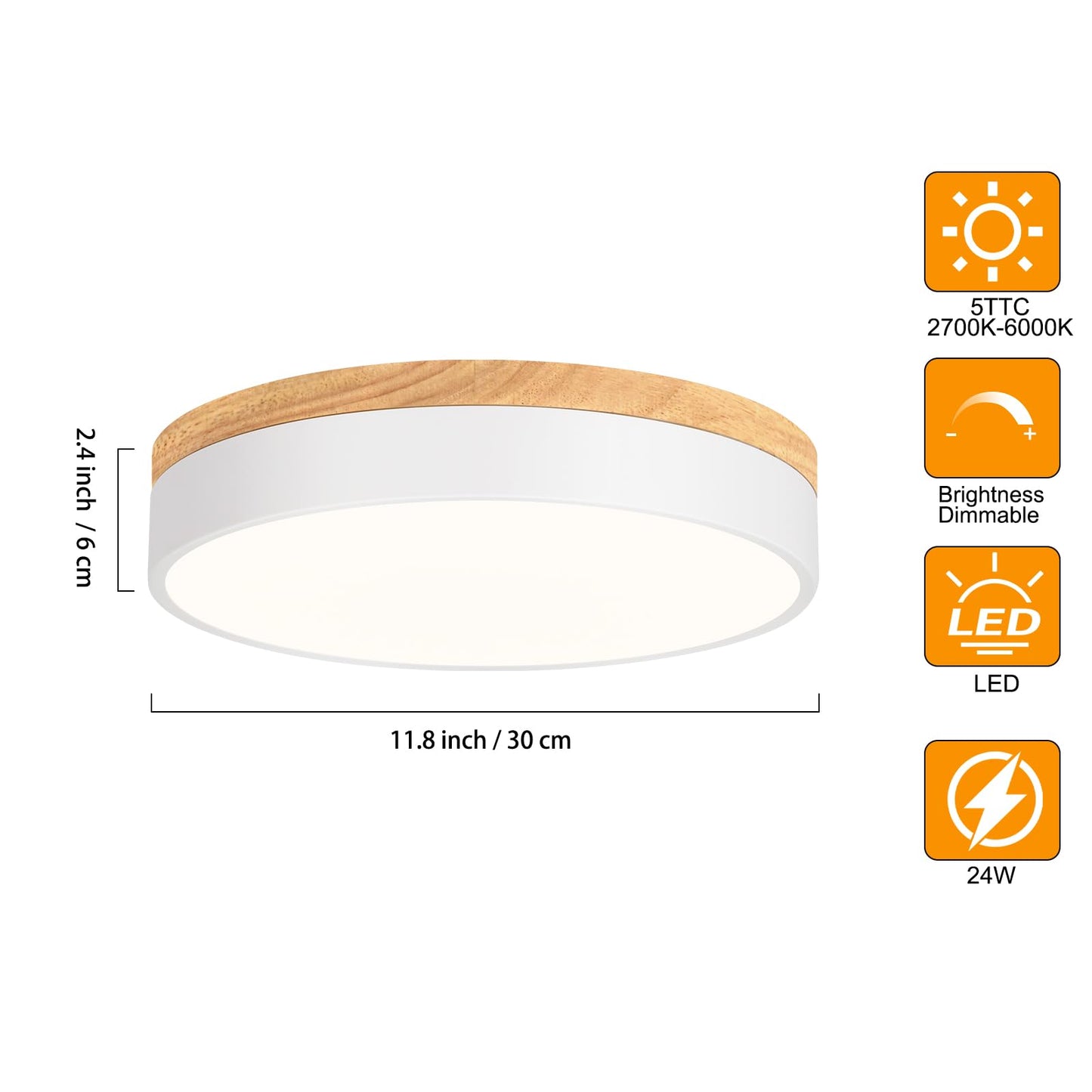 Yiisem Dimmable Wood LED Flush Mount Ceiling Light, 5CCT 2700K-6000K Modern Round Close to Ceiling Lighting Fixtures, Minimalist White Ceiling Lamp for Bedroom, Kitchen, Hallway, Laundry Room