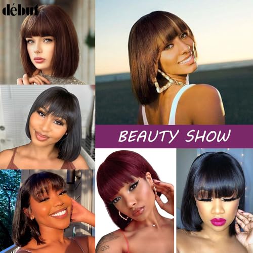 DÉBUT Short Bob Wigs with Bangs Human Hair Ombre Brown Glueless Non Lace Front Wigs Brazilian Virgin Remy Hair 10 Inches