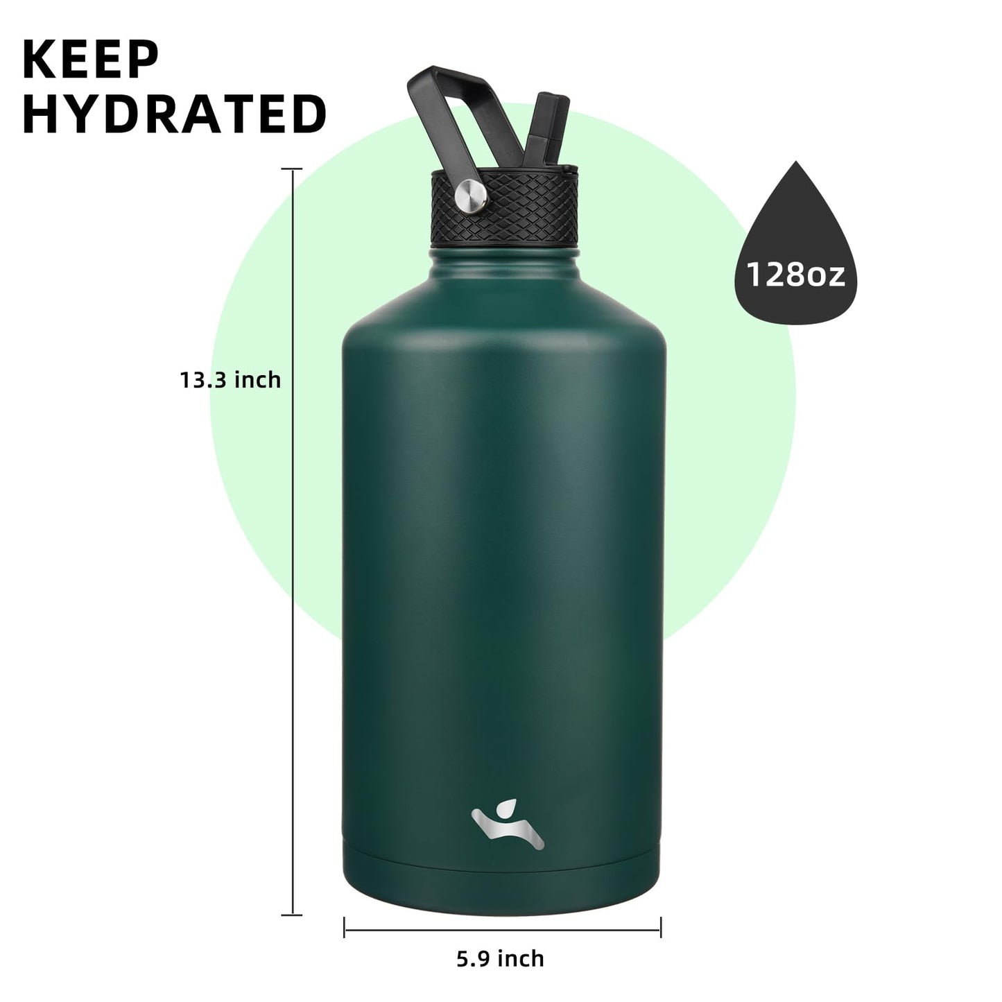 Konokyo Gallon Insulated Water Bottle with Straw,128 oz 3 Lids Water Jug with Carrying Bag,Paracord Handle, Double Wall Vacuum Stainless Steel Metal Flask,Dark Green